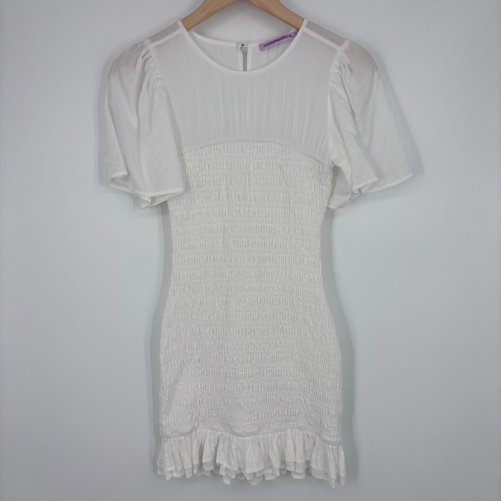 Hansen & Gretel Joy Mini Dress Womens S White Cotton Smocked Ruffle Hem Boho